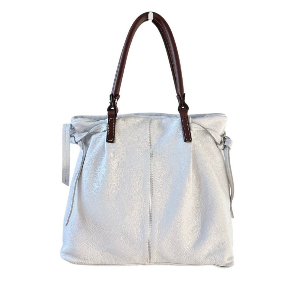 Innué Italian Leather White Tote Shoulder Bag Brown Handles Large Soft Pebbled